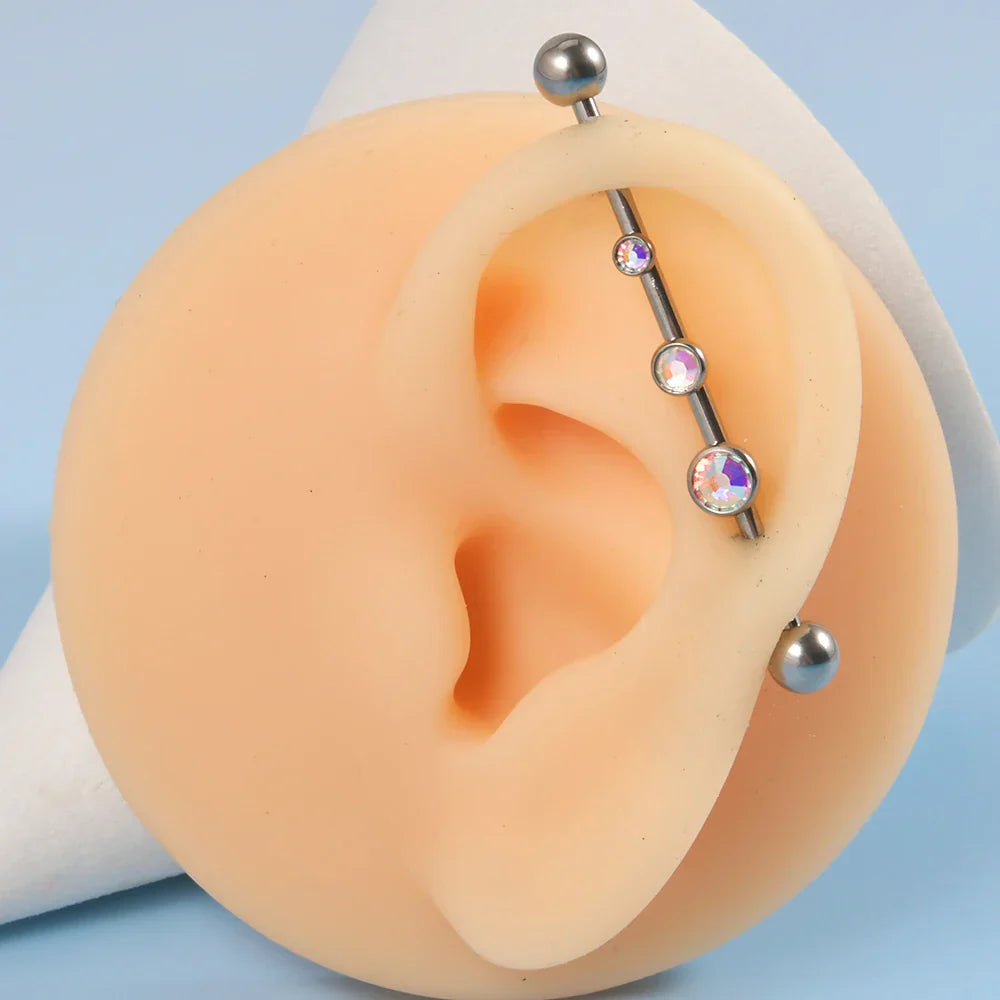 Diamond industrial bar with 3 clear pink blue CZ stones 14G 38mm titanium