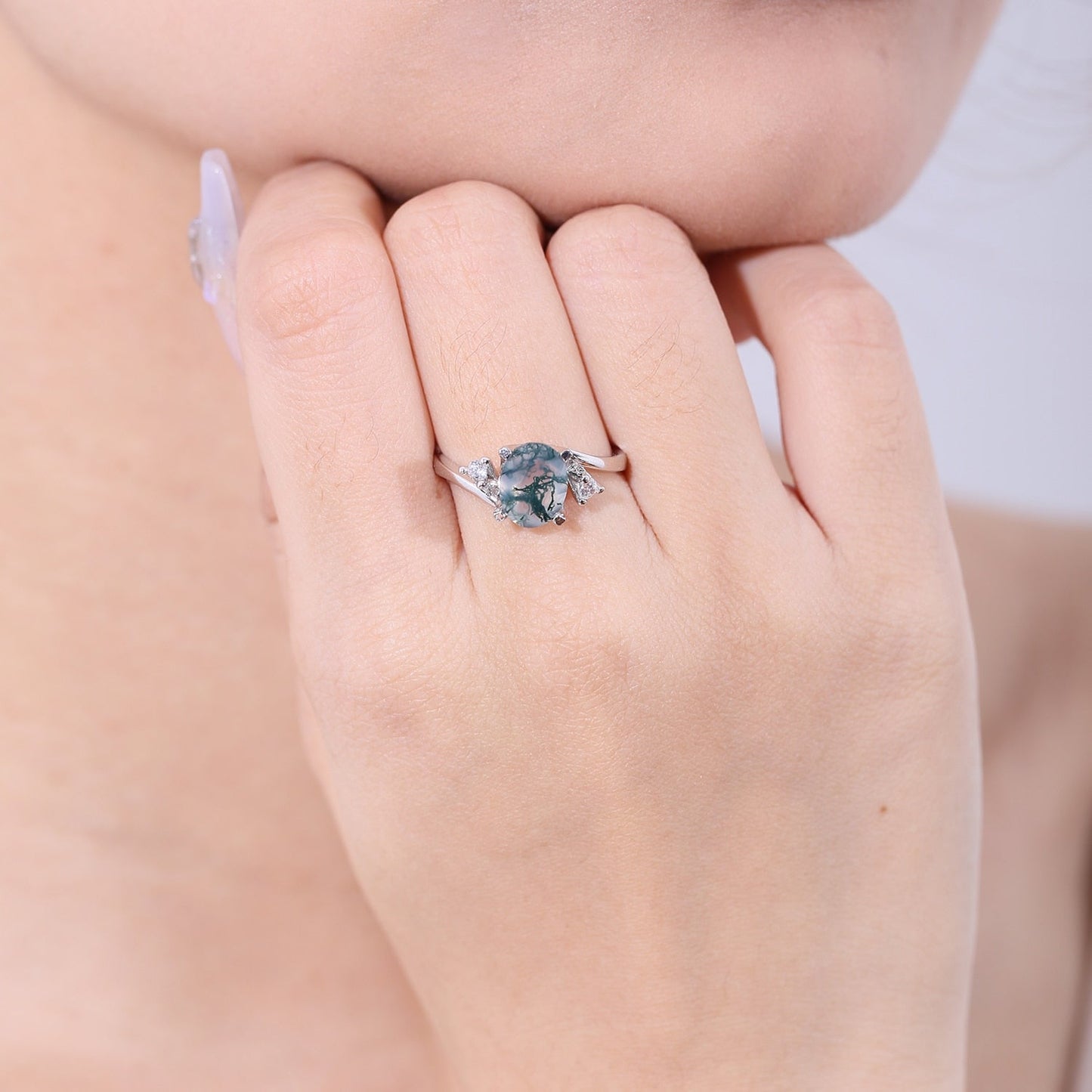 Real moss agate ring oval shape in silver
