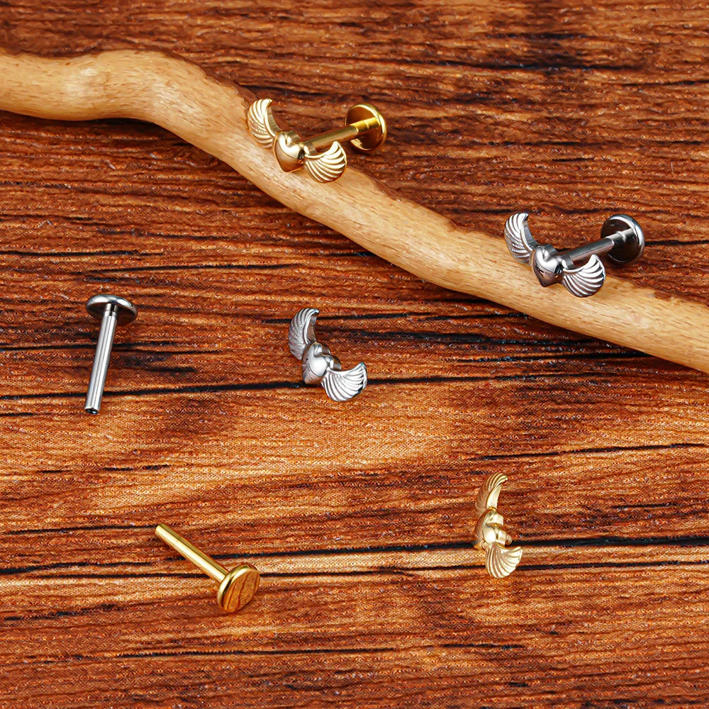 Angel wing earring stud with a heart nose stud titanium piercing stud