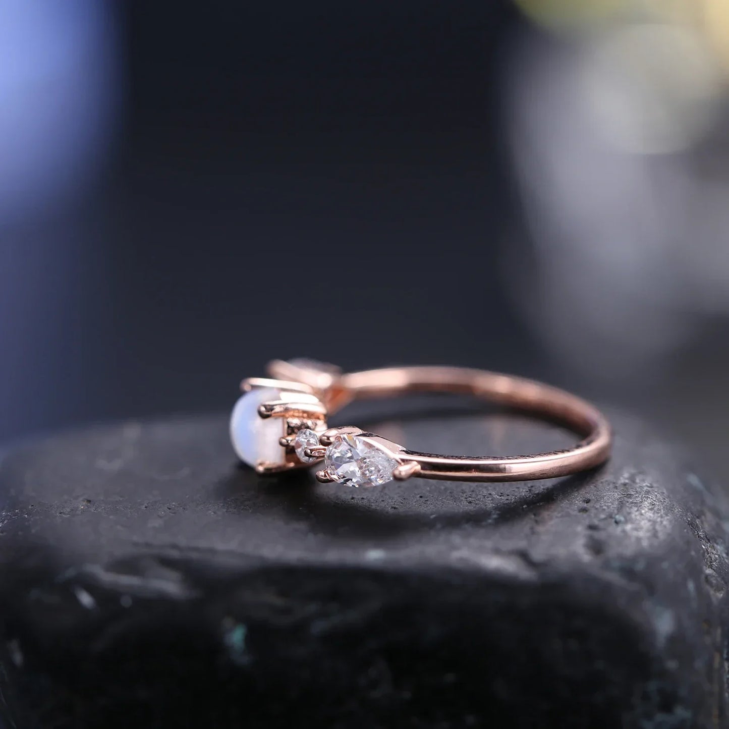 Women's moonstone ring rose gold with small round moonstones romantic ring for her