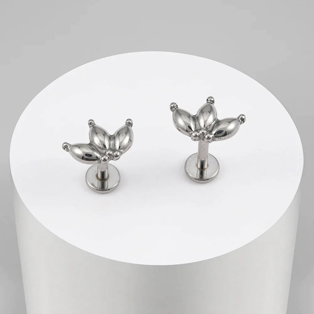 Ashley labret piercing with three leaves gold and silver titanium stud 16G internally-threaded