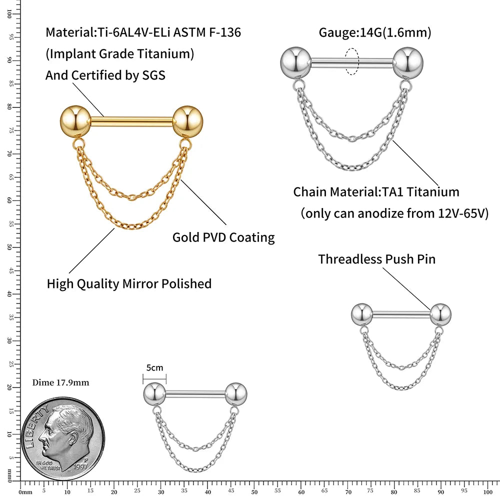 Titanium nipple bar with double chains gold and silver cute and unique 14G 1 piece