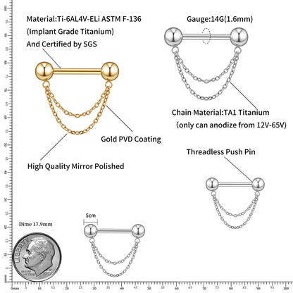 Titanium nipple bar with double chains gold and silver cute and unique 14G 1 piece