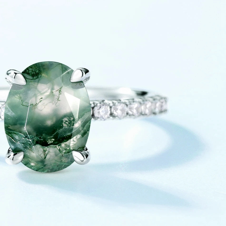 Moss agate crystal ring oval cut sterling silver natural green moss agate