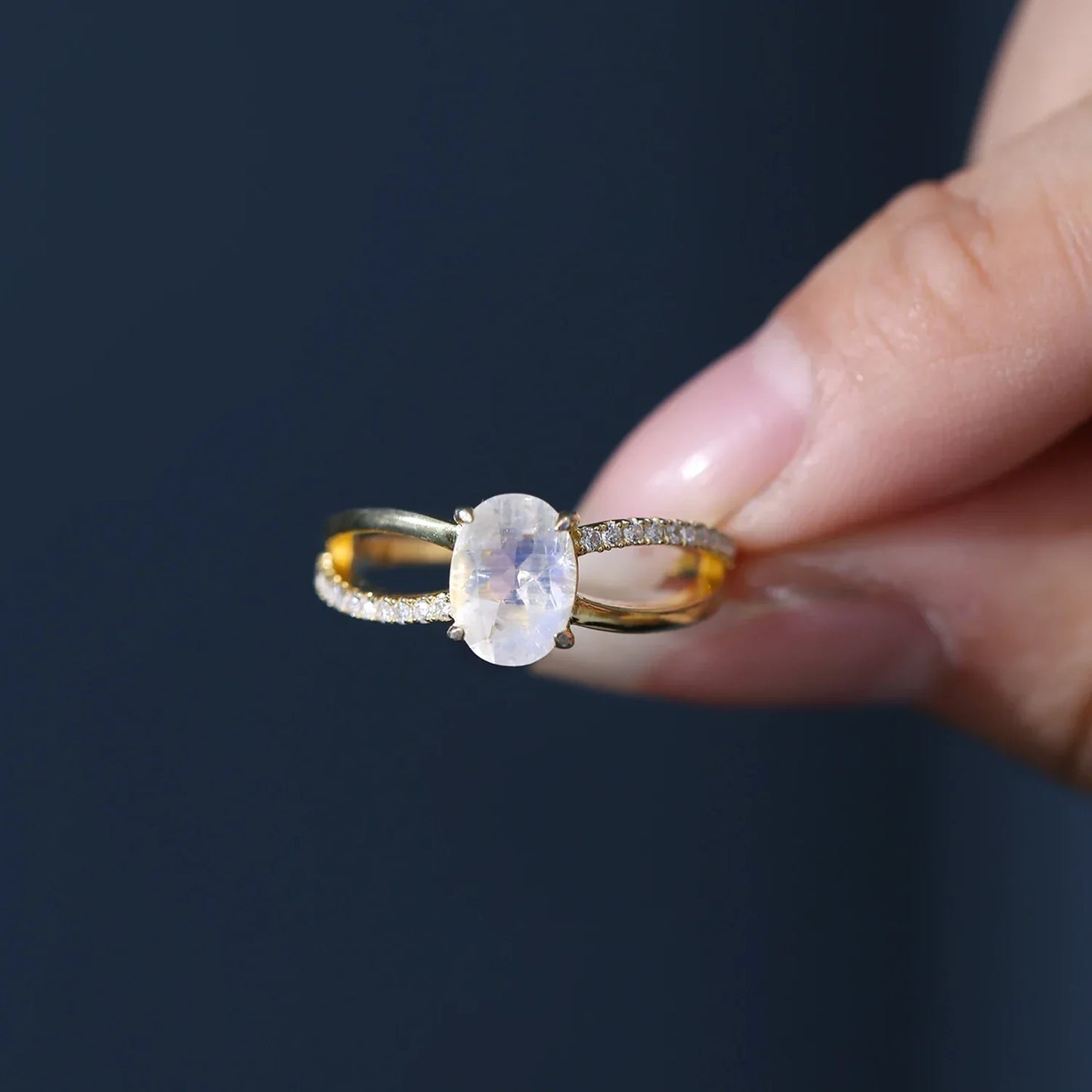 Victorian moonstone ring double layers with cz gold ring for women