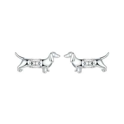Dachshund earrings sterling silver stud earrings with clear diamond cz