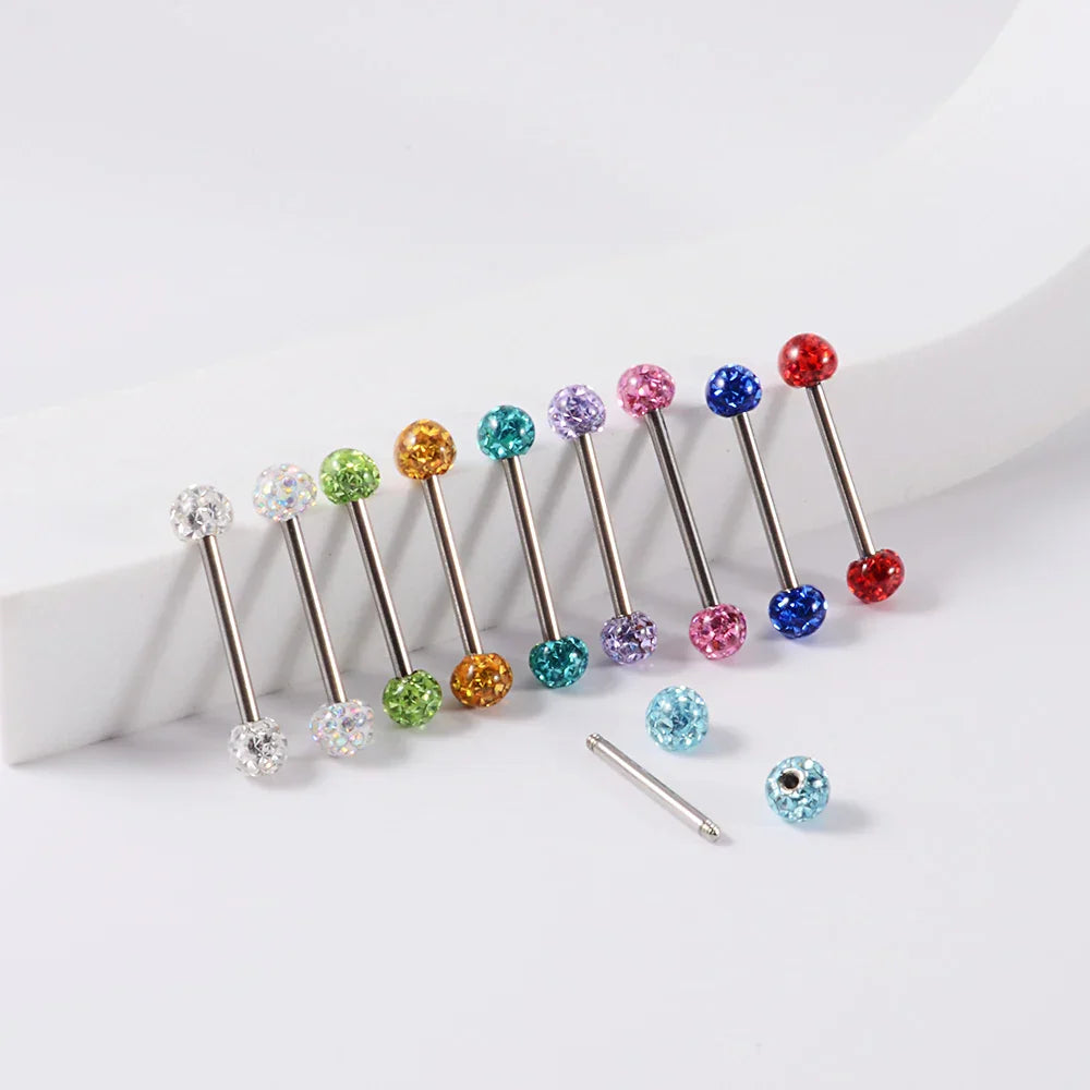 Beautiful industrial piercing with colorful crystal balls titanium industrial barbell tongue piercing jewelry