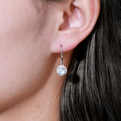 Moonstone dangle earrings with round moonstones and clear cz womens drop earrings