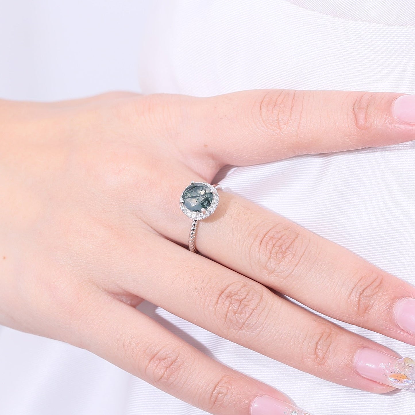 Moss agate promise ring round cut halo ring in silver