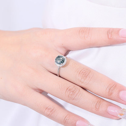 Moss agate promise ring round cut halo ring in silver