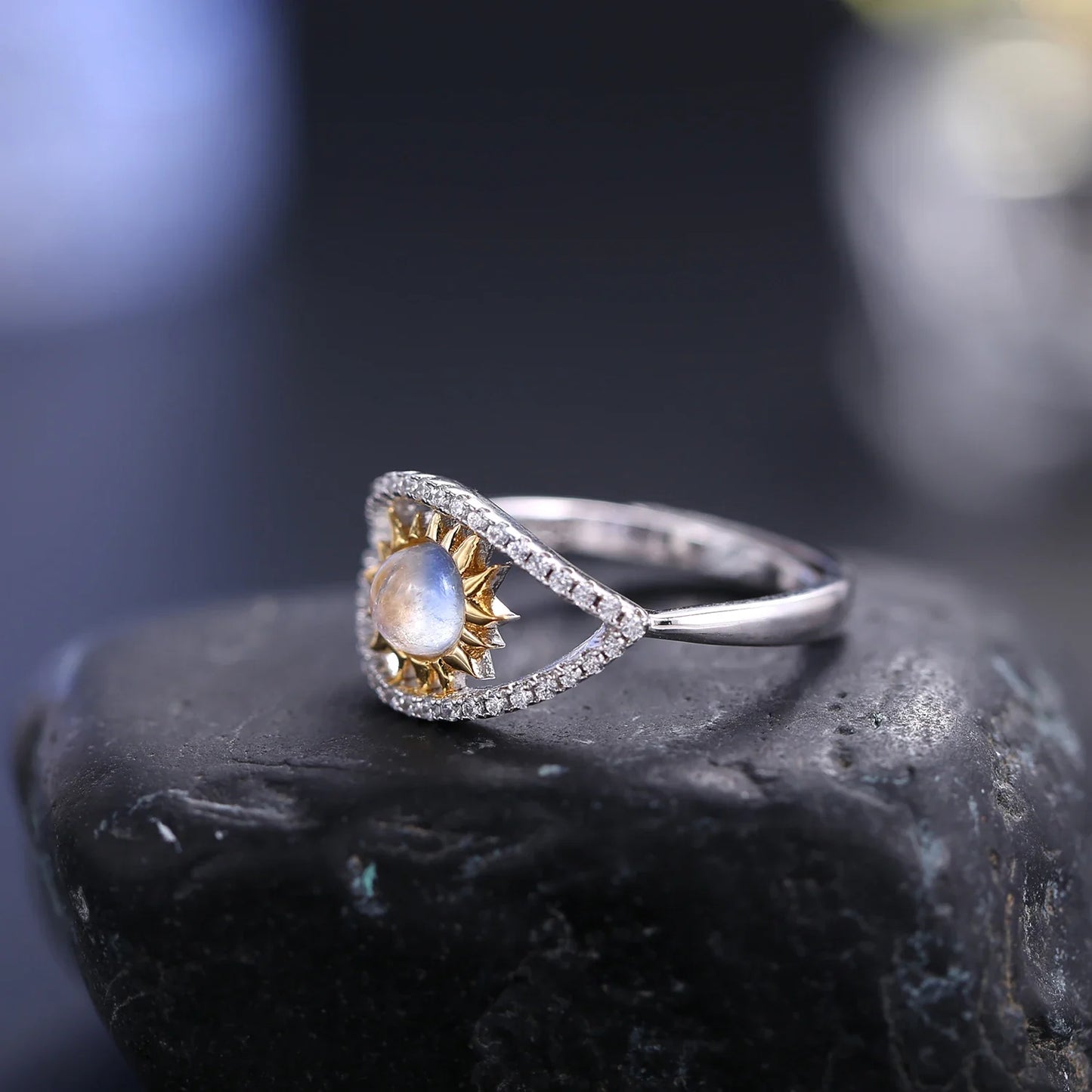 Evil eye ring with a natural moonstone unique adjustable ring