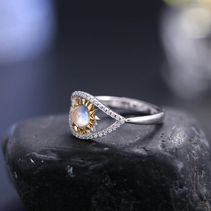 Evil eye ring with a natural moonstone unique adjustable ring