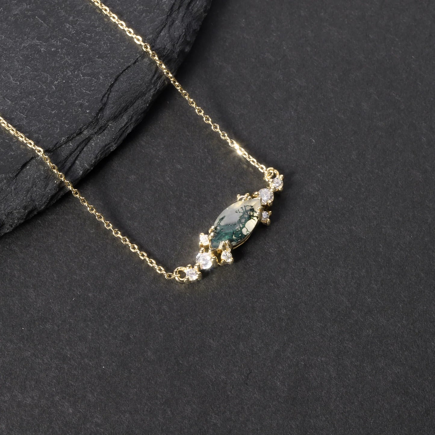 Moss agate pendant necklace with a marquise stone rose gold necklace
