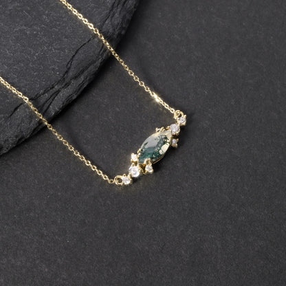 Moss agate pendant necklace with a marquise stone rose gold necklace
