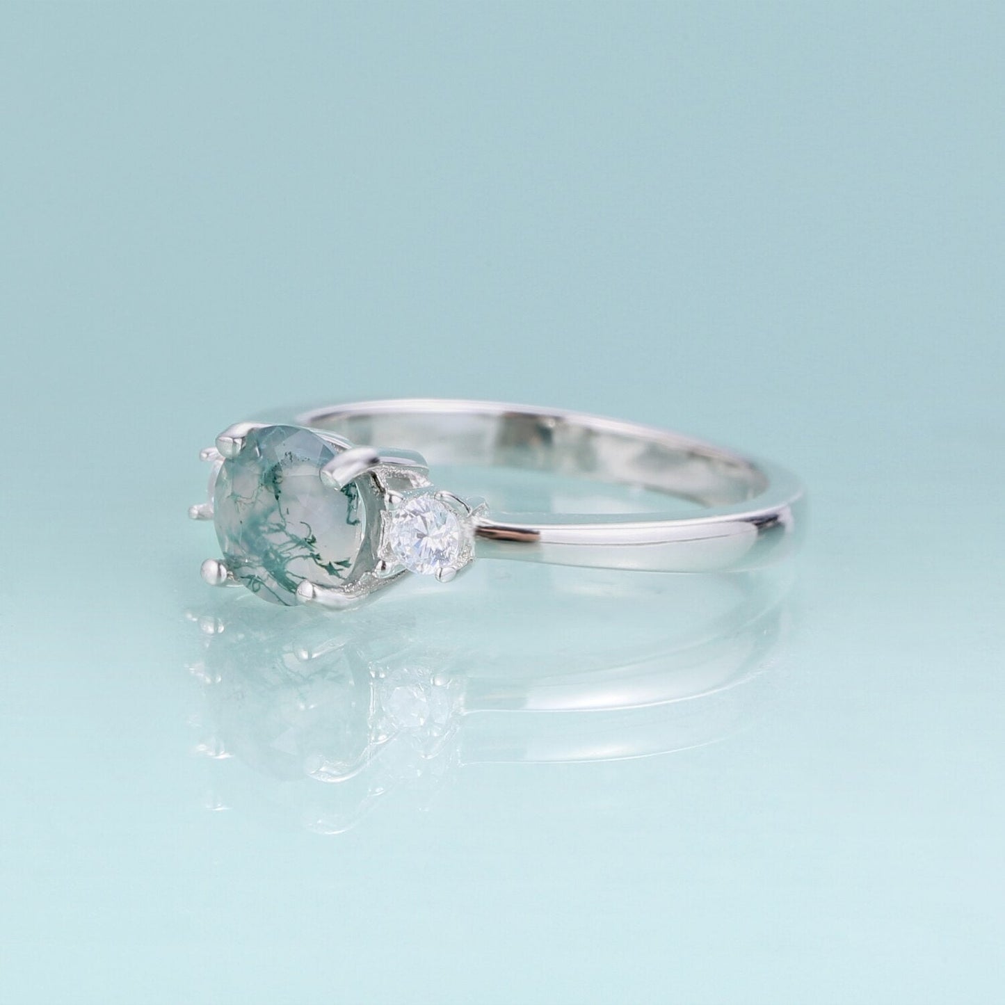Green moss agate ring classic three-stone engagement ring in silver