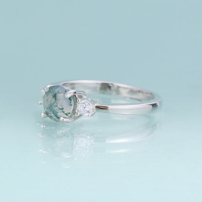 Green moss agate ring classic three-stone engagement ring in silver