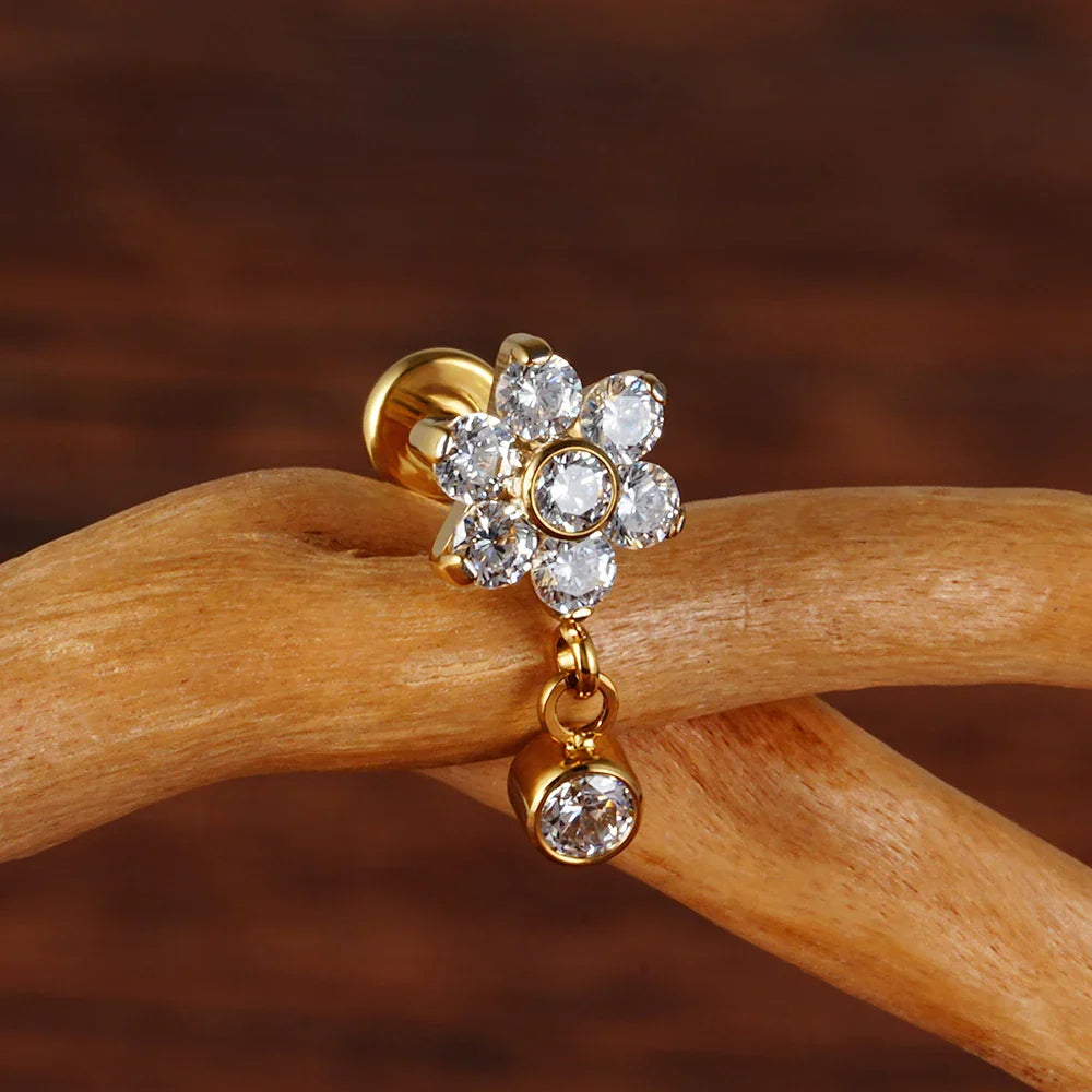 Flower helix earring with clear blue purple CZ titanium dangle earring 16G conch piercing