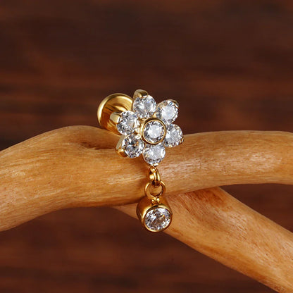 Flower helix earring with clear blue purple CZ titanium dangle earring 16G conch piercing