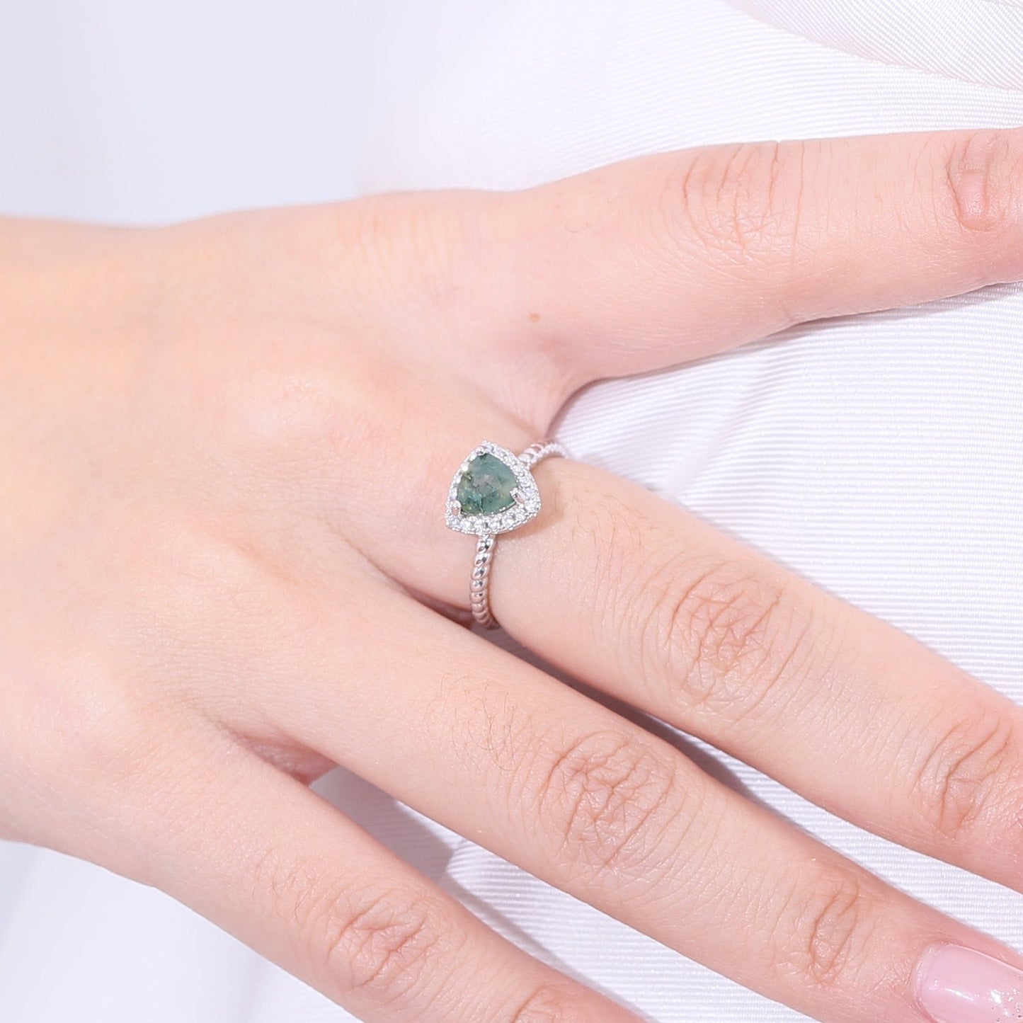 Moss agate ring trillion-cut in 925 sterling silver