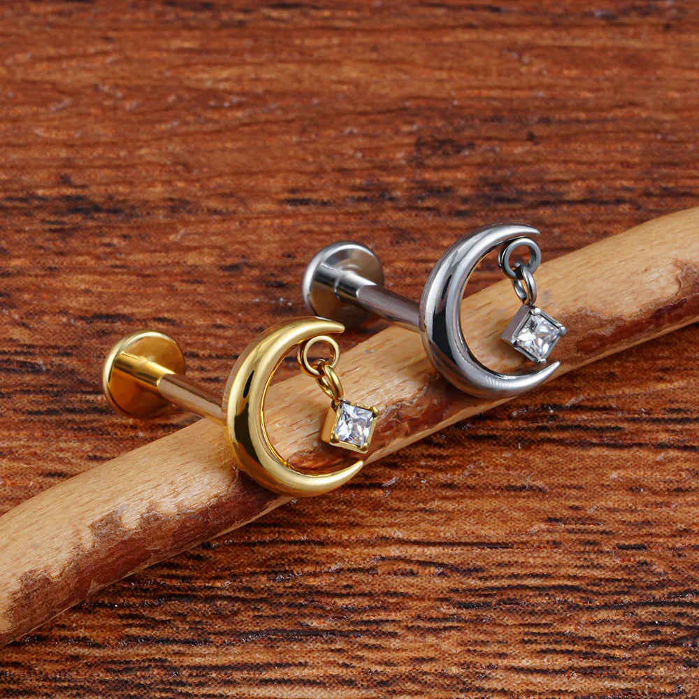 Moon stud earring with a clear CZ crescent moon titanium stud 16G