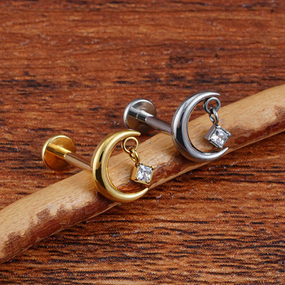 Moon stud earring with a clear CZ crescent moon titanium stud 16G