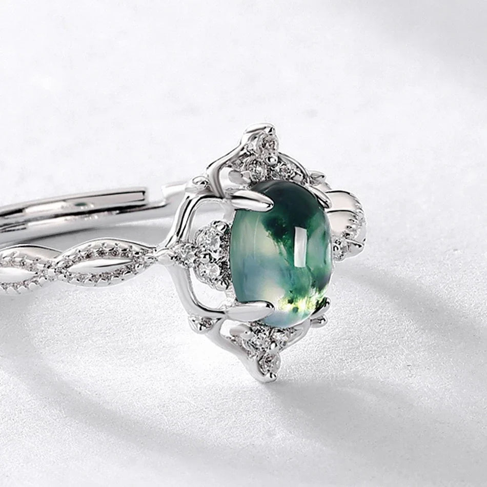 Vintage style moss agate ring natural green moss agate sterling silver