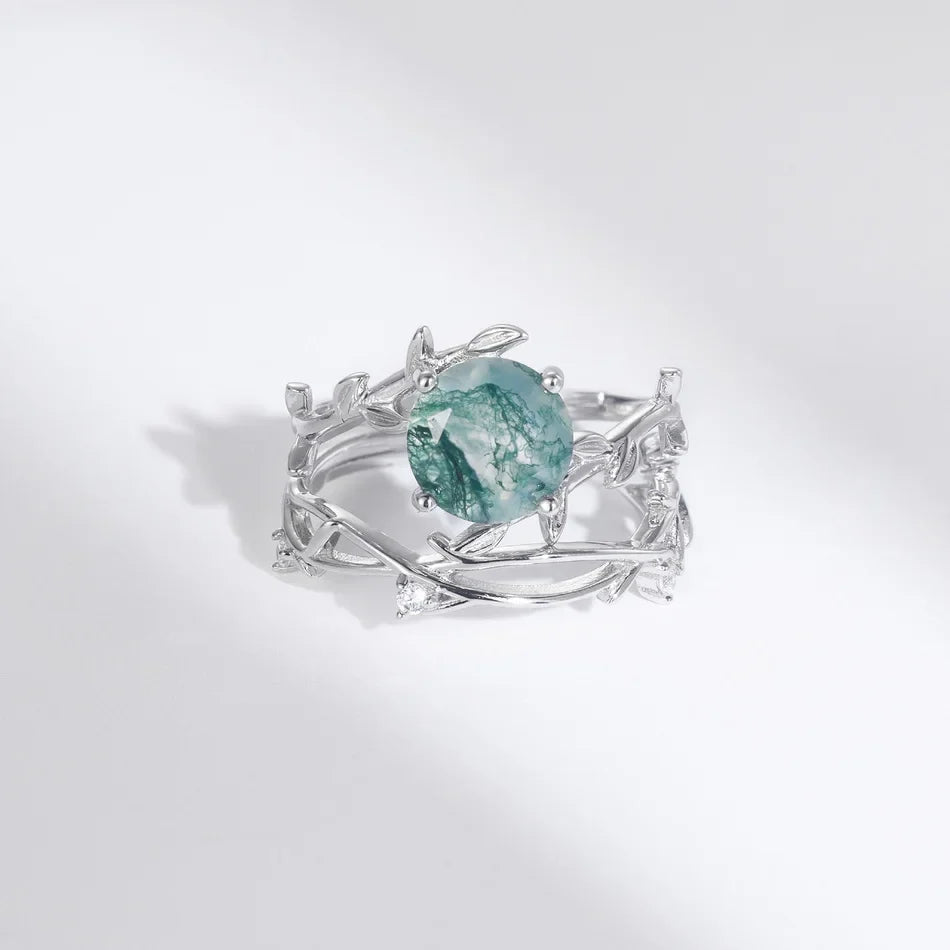 Moss agate leaf ring set wedding ring set sterling silver