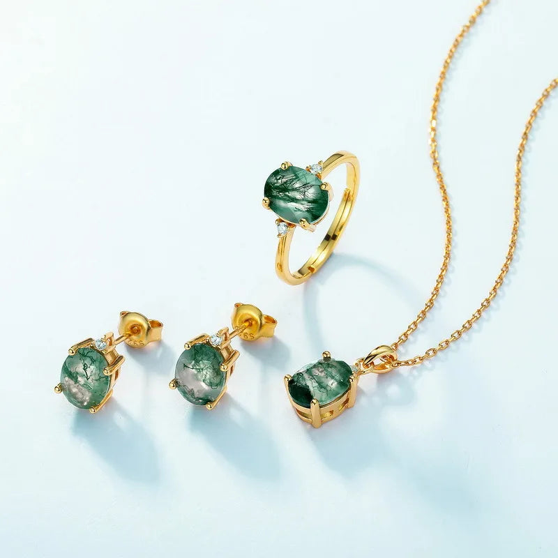 Green moss agate stud earrings gold with oval-shaped moss agate and clear cz stones