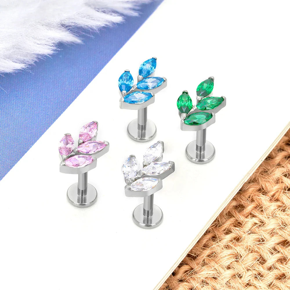 Forward helix stud 16G titanium leaf with CZ stones cute white pink green blue