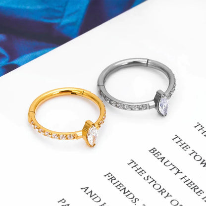 Snug piercing ring 16G titanium with marquise CZ stones hinged segment clicker
