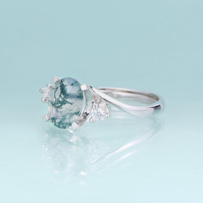 Real moss agate ring oval shape in silver