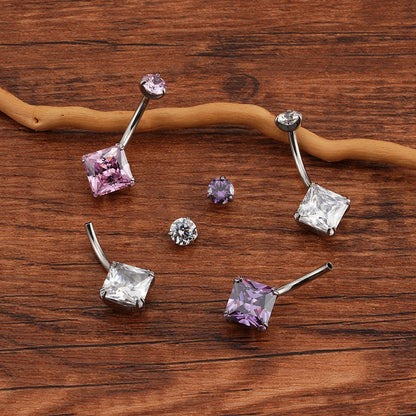 Diamond belly ring with square cubic zirconia titanium navel piercing