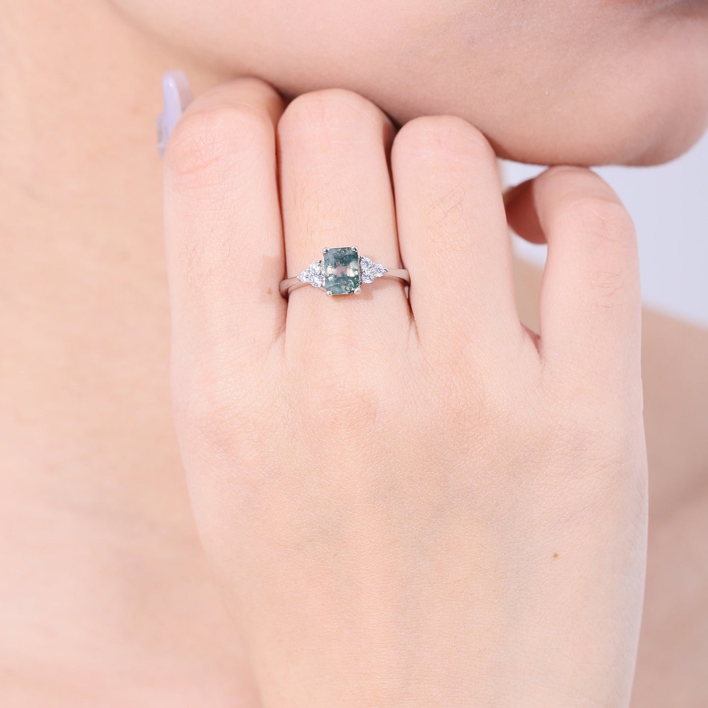 Emerald cut moss agate ring in silver