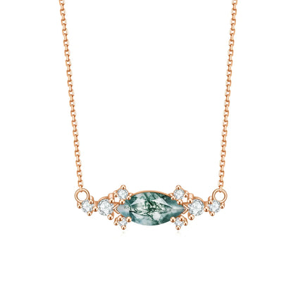 Moss agate pendant necklace with a marquise stone rose gold necklace