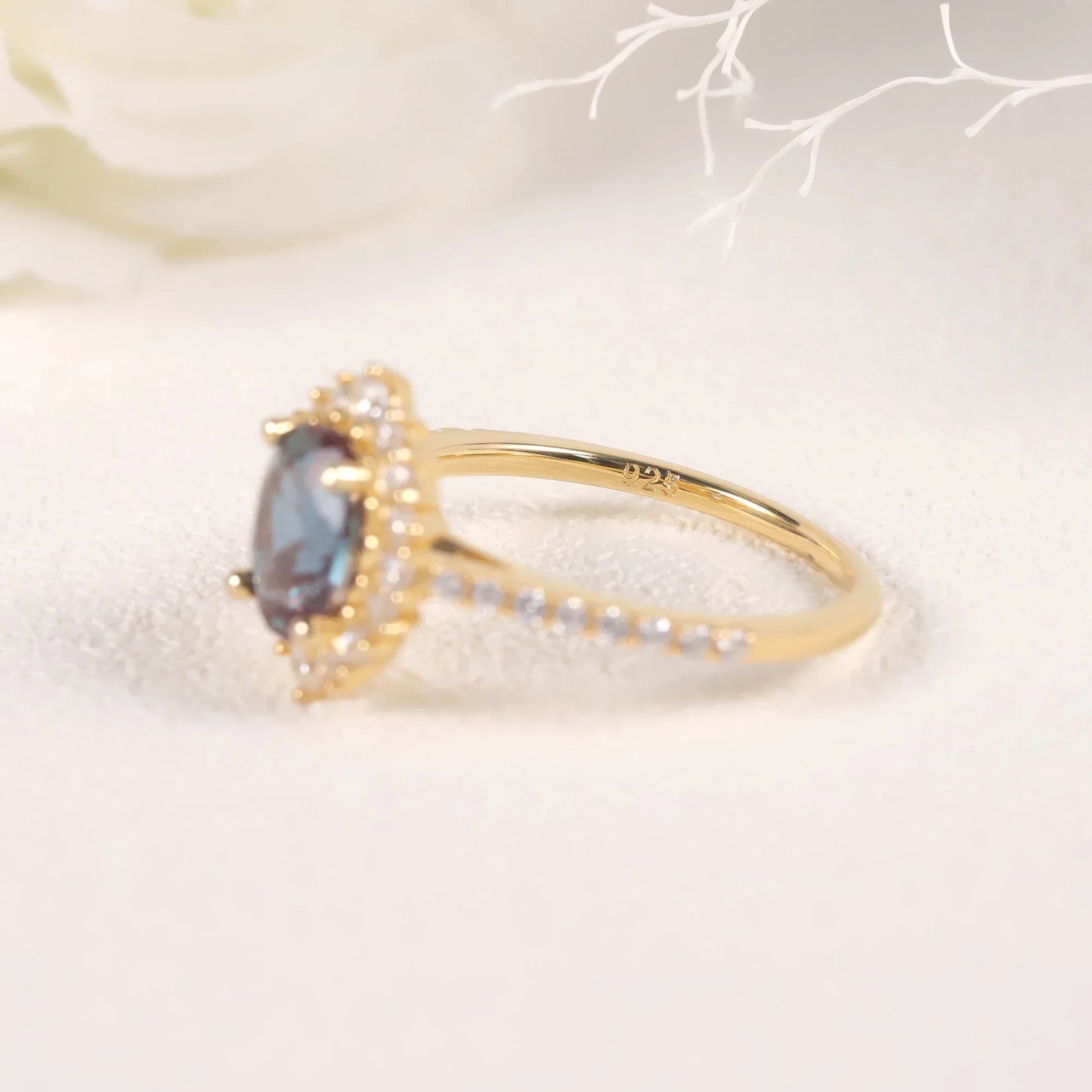 June birthstone alexandrite ring with diamond cz and oval alexandrite