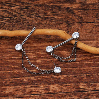 Nipple ring with chain 14g with diamonds gold and silver titanium 1 piece