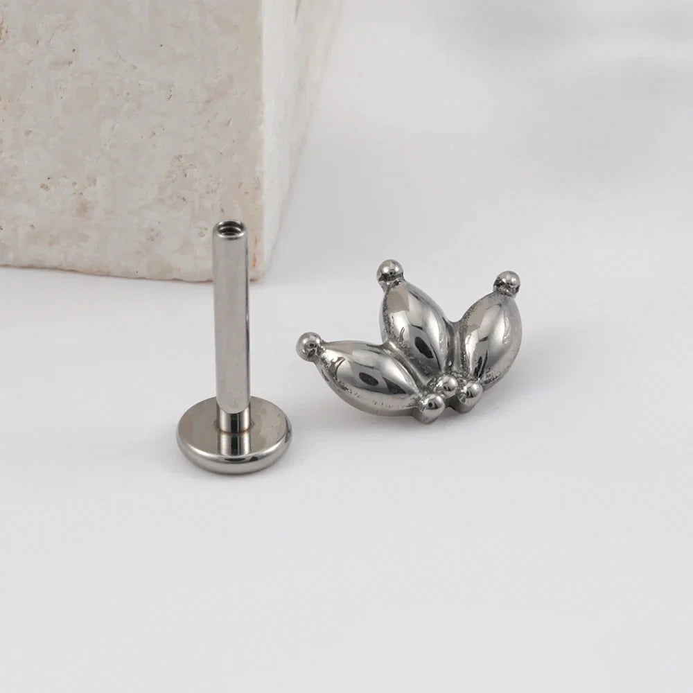 Ashley labret piercing with three leaves gold and silver titanium stud 16G internally-threaded