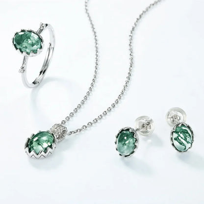 Green moss agate stud earrings oval shape sterling silver