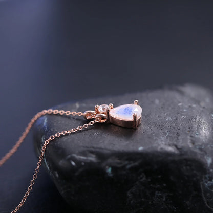 Moonstone necklace rose gold with a clear cz sterling silver June Birthstone