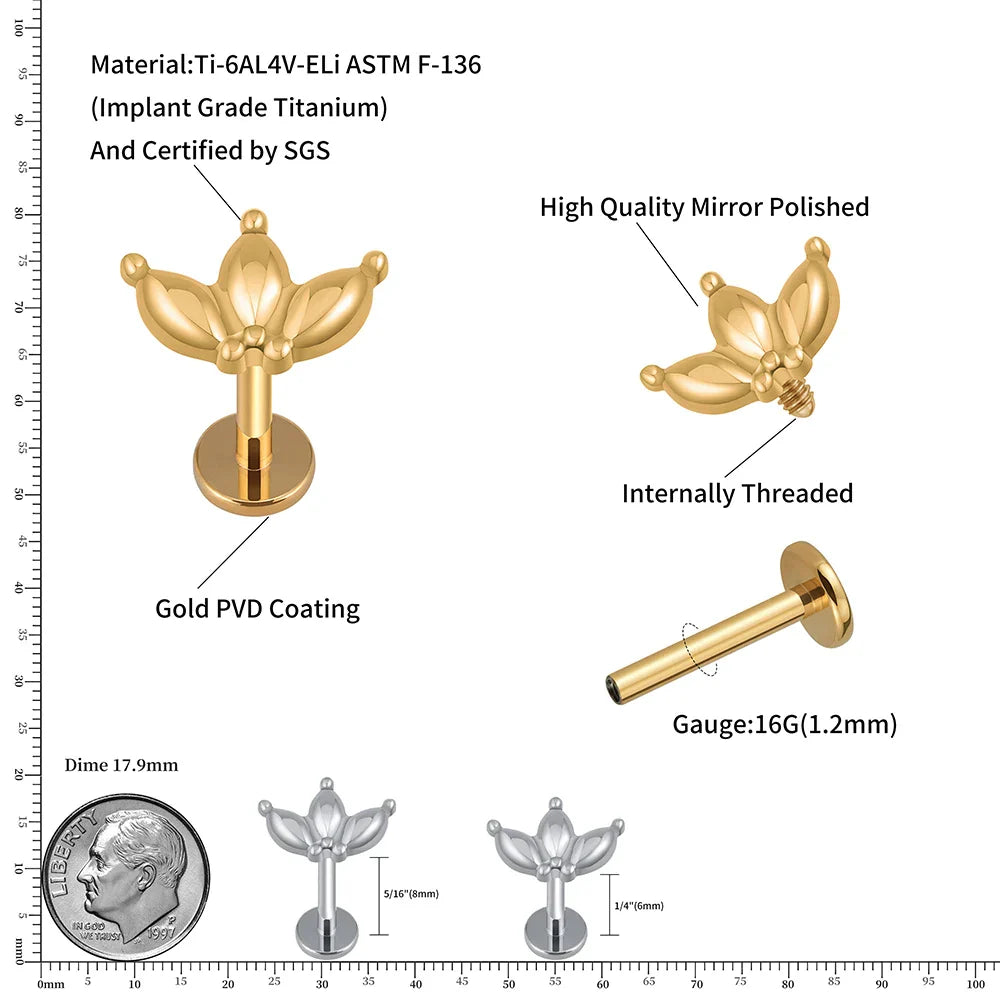 Ashley labret piercing with three leaves gold and silver titanium stud 16G internally-threaded
