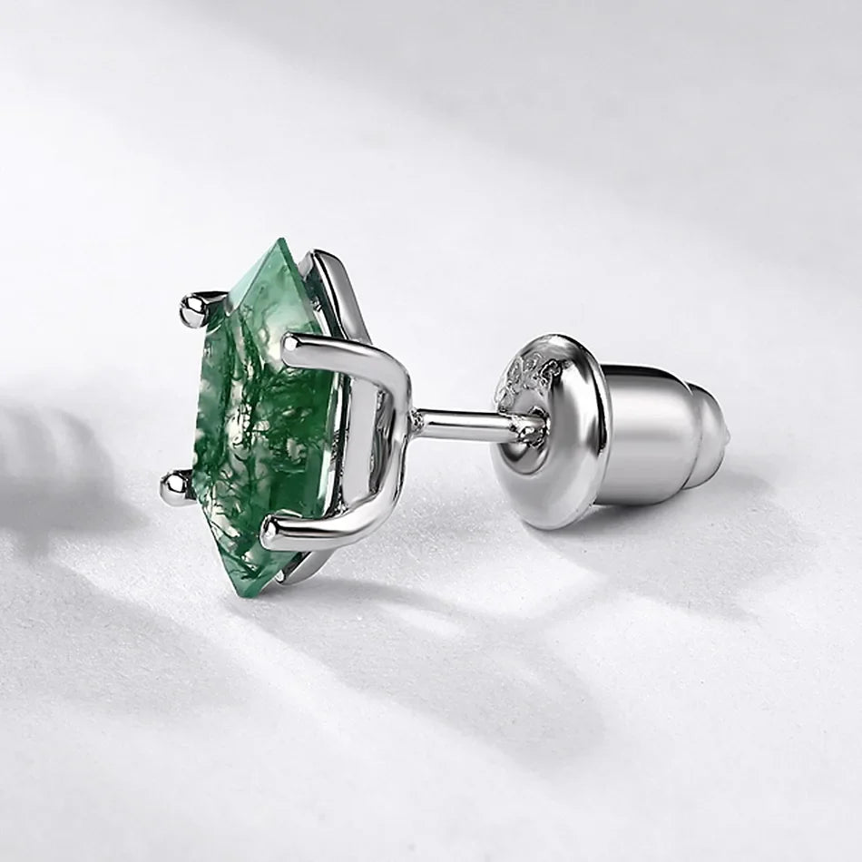 Green moss agate earrings dainty and minimalist sterling silver stud earrings