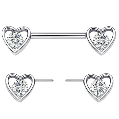 Heart nipple piercing with CZ stones heart-shaped nipple bar cute sexy titanium