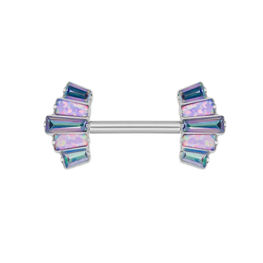 Iridescent opal and blue crystal barbell earring from RosaryMilano on white background