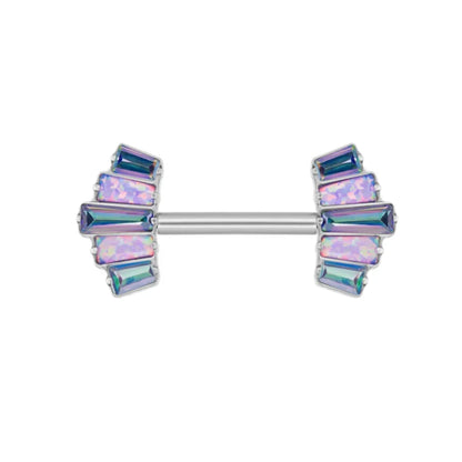 Iridescent opal and blue crystal barbell earring from RosaryMilano on white background
