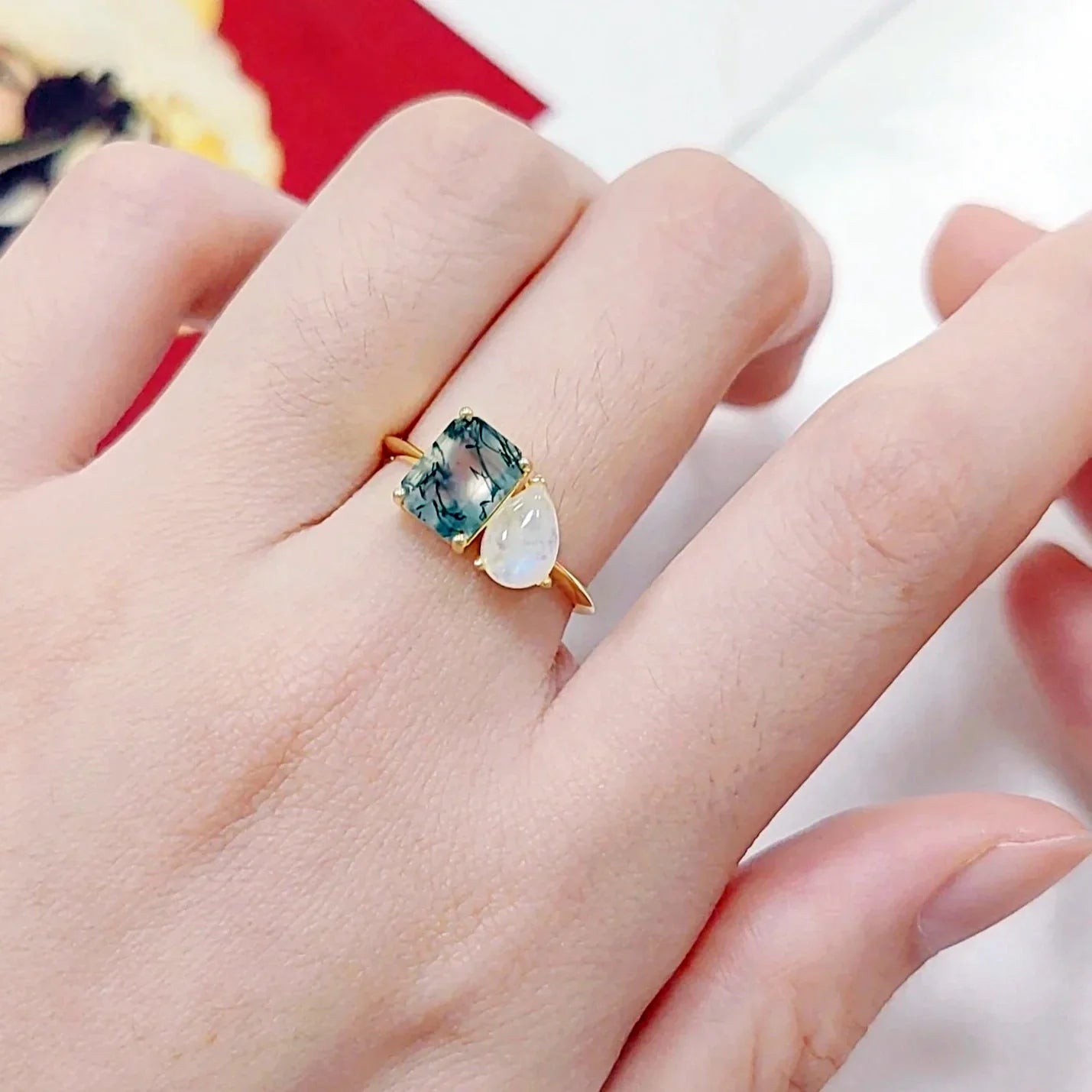 You and me ring with a natural green moss agate and a moonstone toi et moi ring