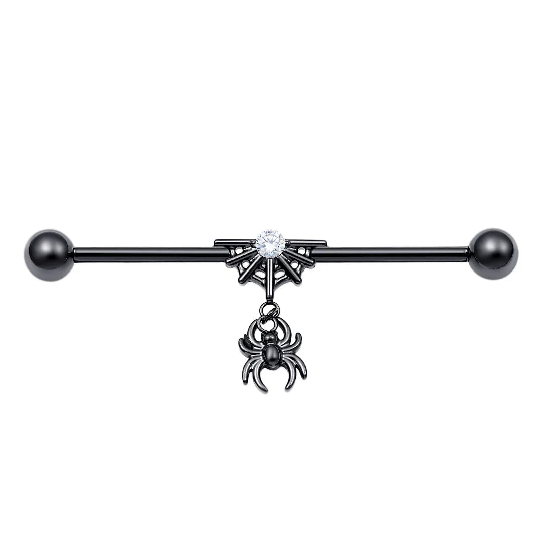 Halloween industrial bar with a spider and a web black barbell titanium