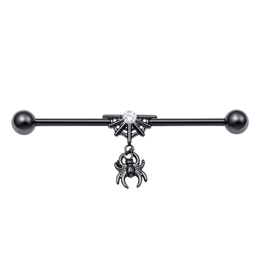 Halloween industrial bar with a spider and a web black barbell titanium