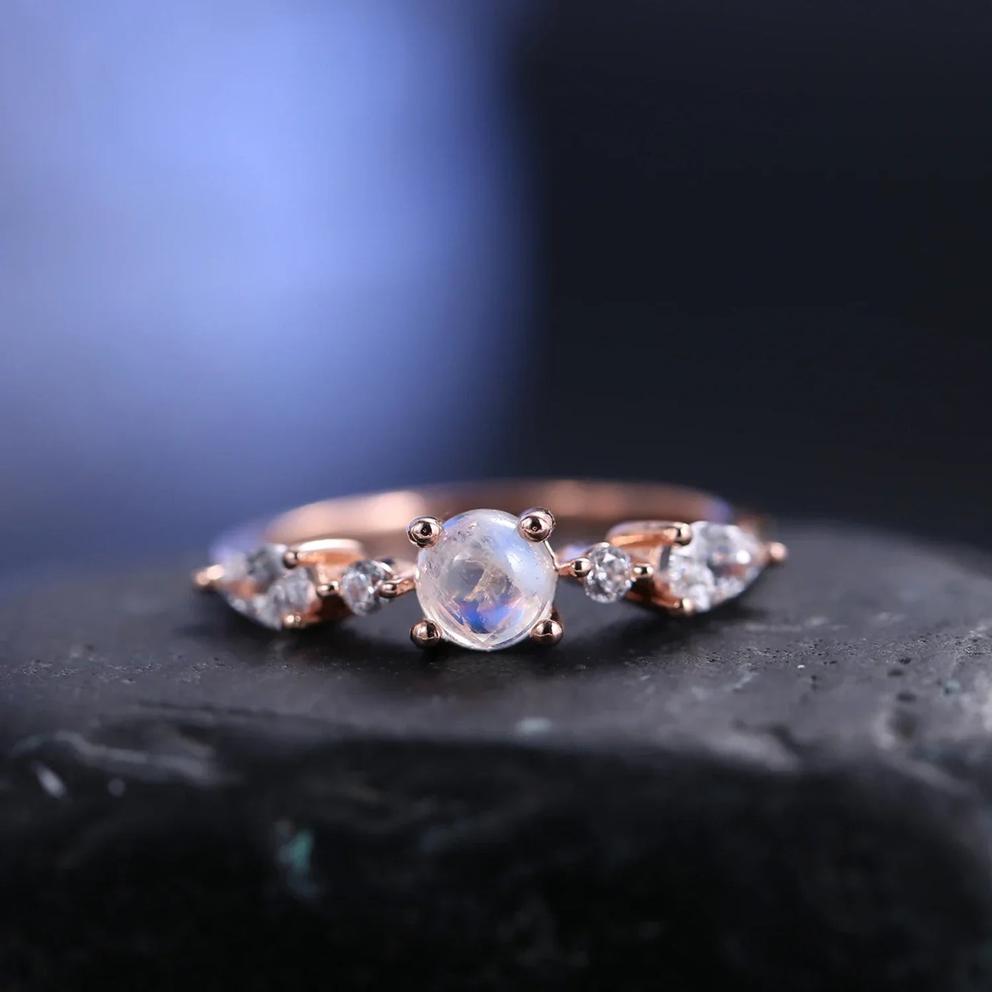 Women's moonstone ring rose gold with small round moonstones romantic ring for her