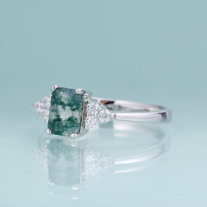 Emerald cut moss agate ring in silver