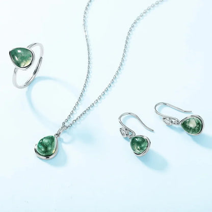Green agate earrings with pear-shaped moss agate in sterling silver